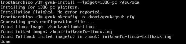 GRUB installation and config generation output